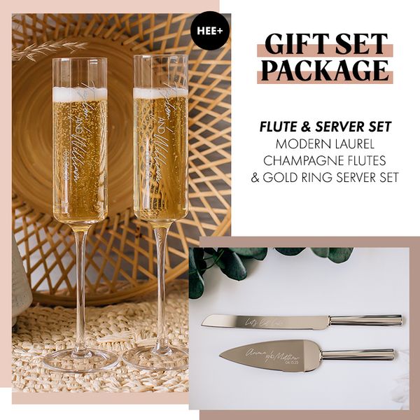 Gift Set Package: Modern Laurel Champagne Flutes & Silver Cake Server Set With Gold Ring Accent