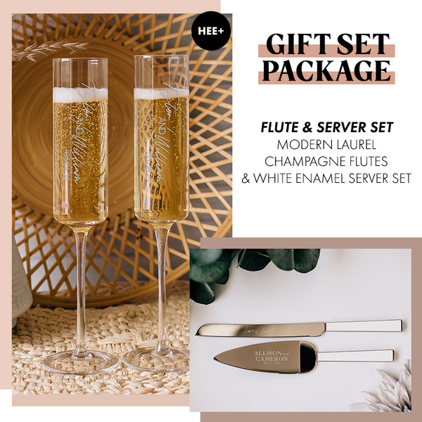 Gift Set Package: Modern Laurel Champagne Flutes & White Enamel Cake Server Set