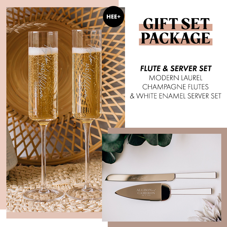 Gift Set Package: Modern Laurel Champagne Flutes & White Enamel Cake S –  Happily Ever Etched