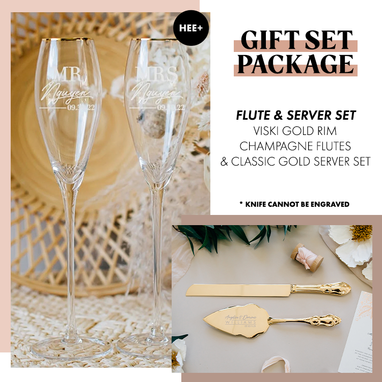 Gift Set Package: Viski Gold Rim Toasting Flutes & Classic Gold Cake Server Set