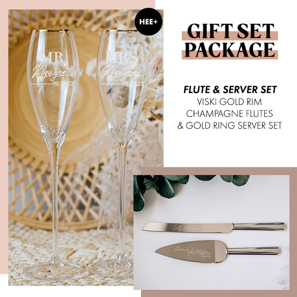 Gift Set Package: Viski Gold Rim Toasting Flutes & Silver Cake Server Set With Gold Ring Accent