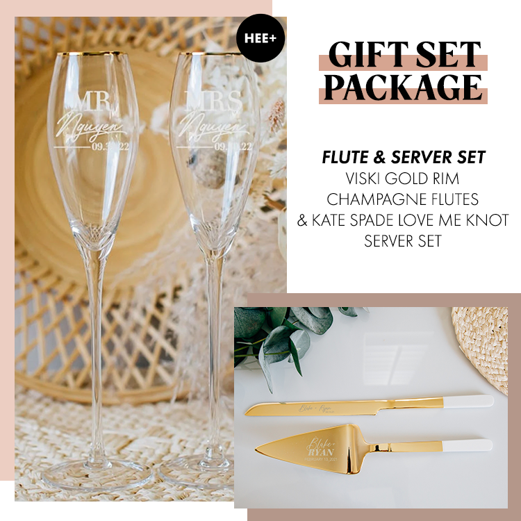 Gift Set Package: Viski Gold Rim Toasting Flutes & Kate Spade Love Me Knot Cake Server Set