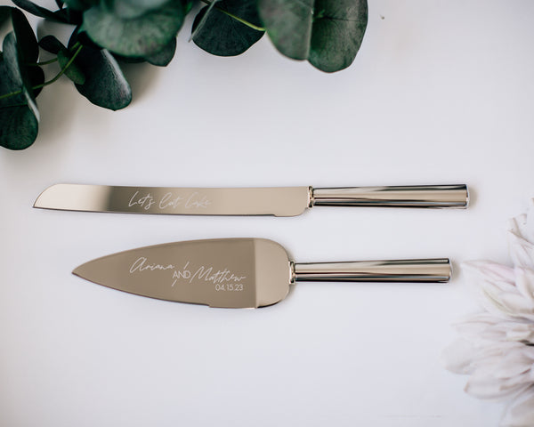 Silver Cake Knife & Server Set with Gold Ring Accent