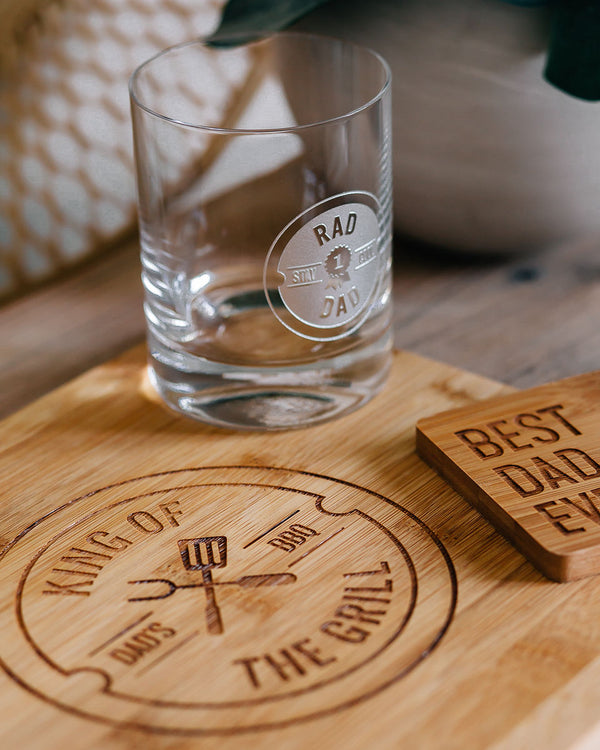 Gift Set: Engraved Whiskey Glass, Cutting Board & Coaster