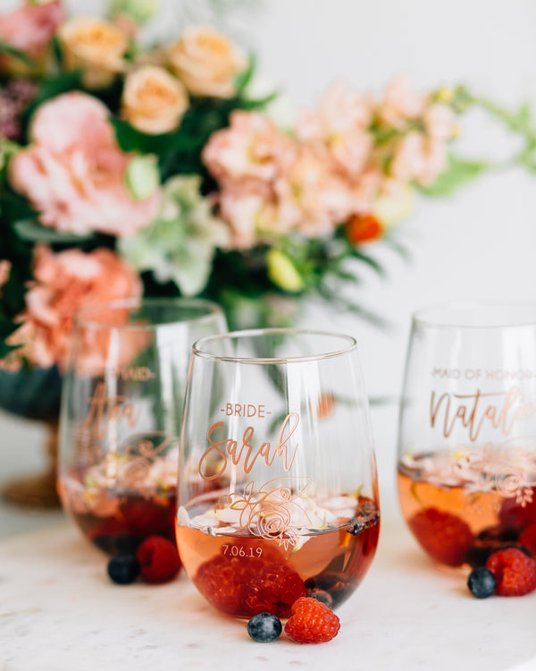 Custom Bridal Party Stemless Wine Glass