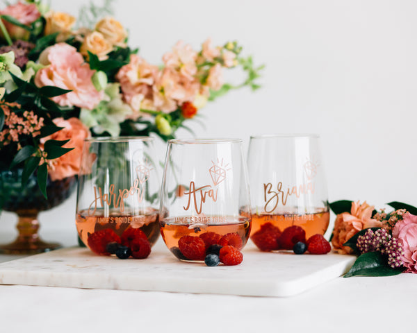 Set of 7 - Custom Engraved Stemless Wine Glasses, Bridal Party Glasses