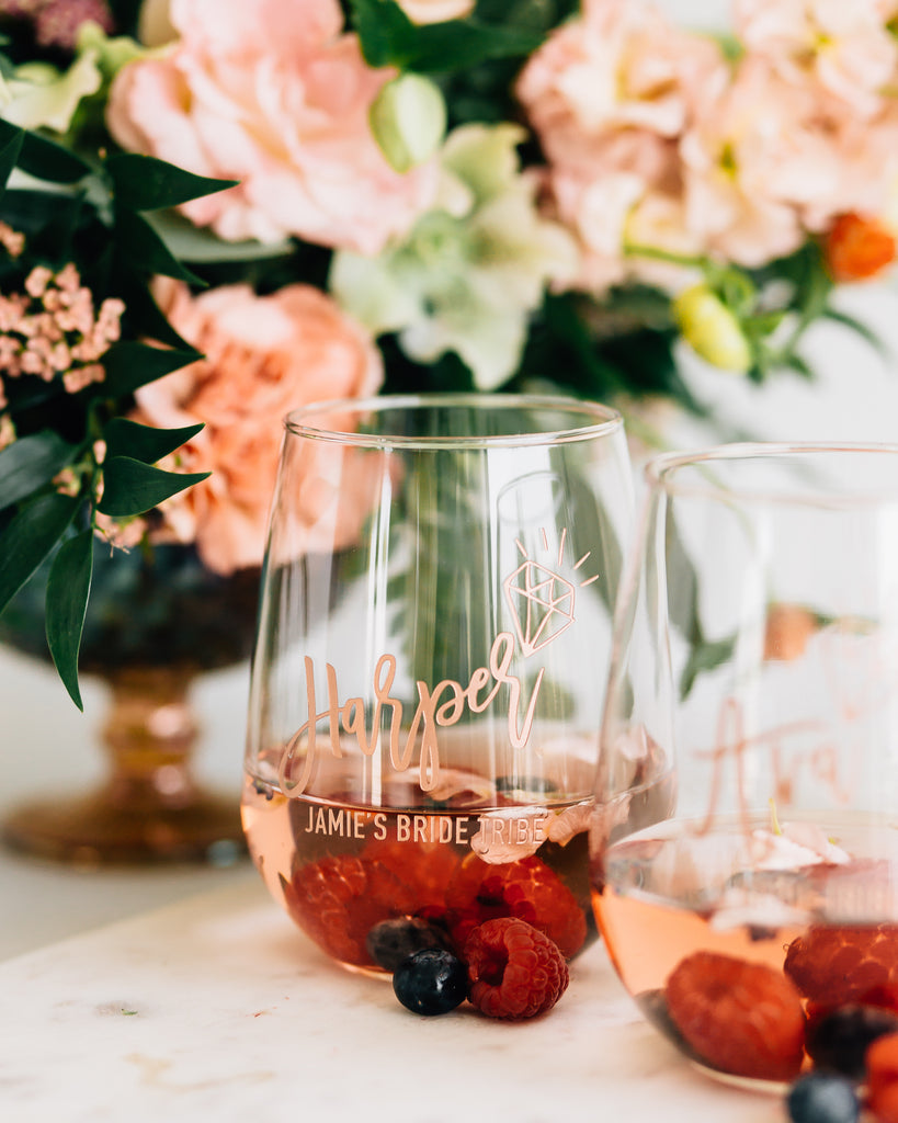 Set of 6 - Custom Engraved Stemless Wine Glasses, Bridal Party