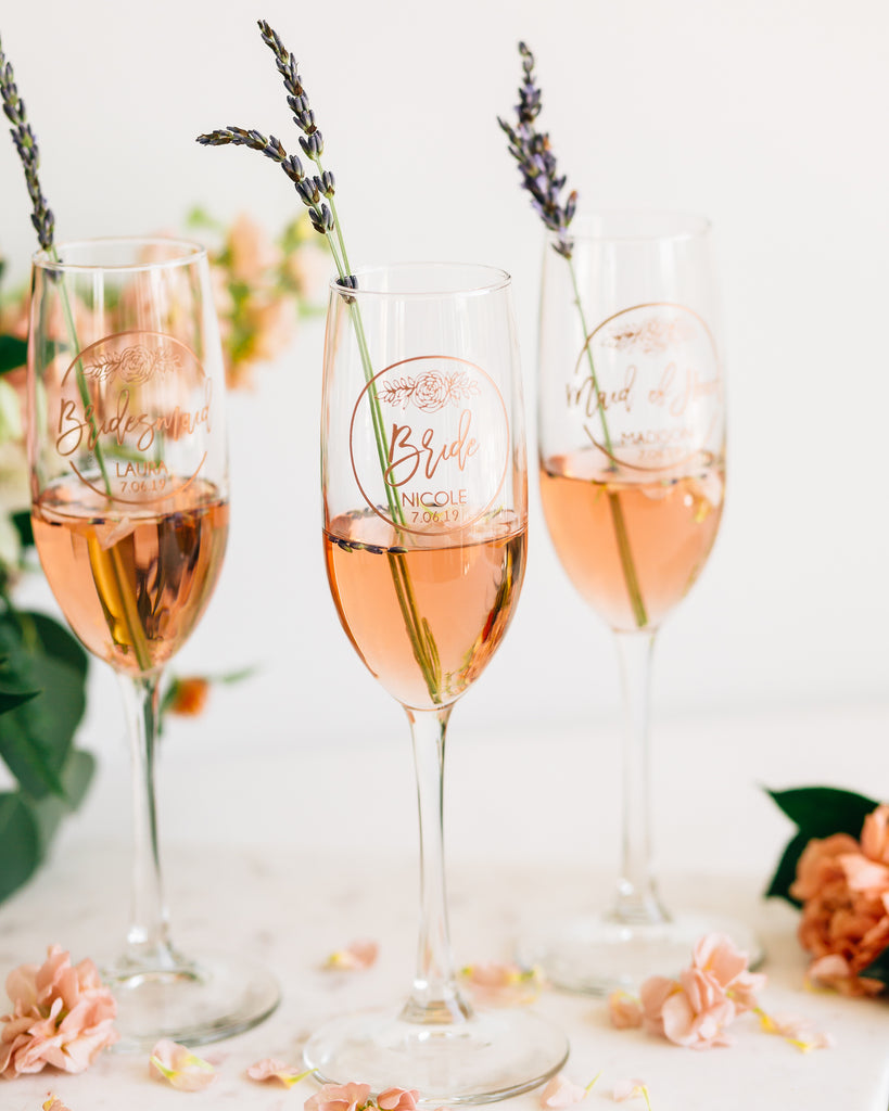Set of 3 - Custom Bridal Party Champagne Flutes