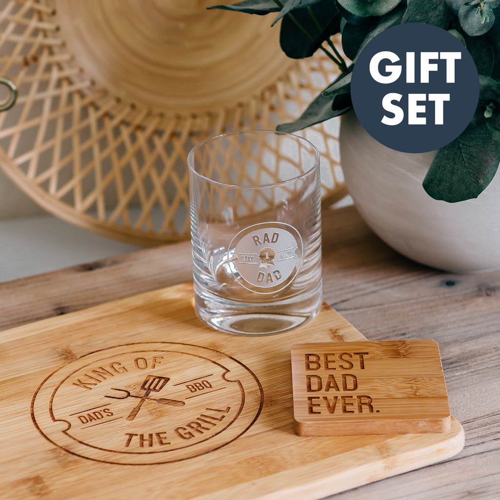 Gift Set: Engraved Whiskey Glass, Cutting Board & Coaster