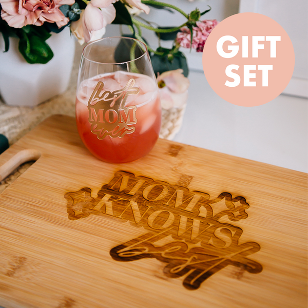 Gift Set: Best Mom Ever Engraved Stemless Wine Glass & Mom Knows Best Engraved Cutting Board