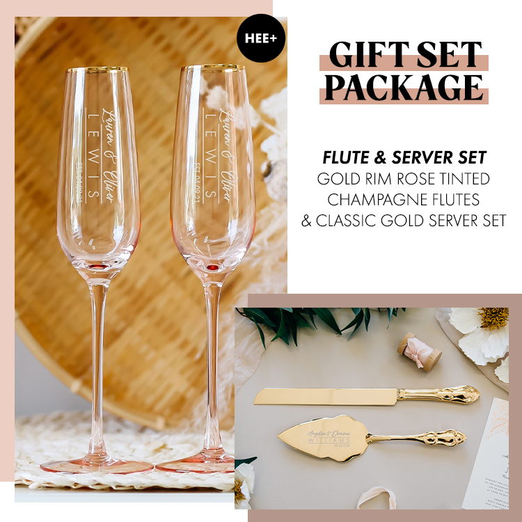 Gift Set Package: Gold Rim Rose Tinted Toasting Flutes & Classic Gold Cake Server Set