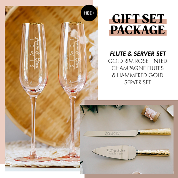 Gift Set Package: Gold Rim Rose Tinted Toasting Flutes & Hammered Gold Cake Server Set