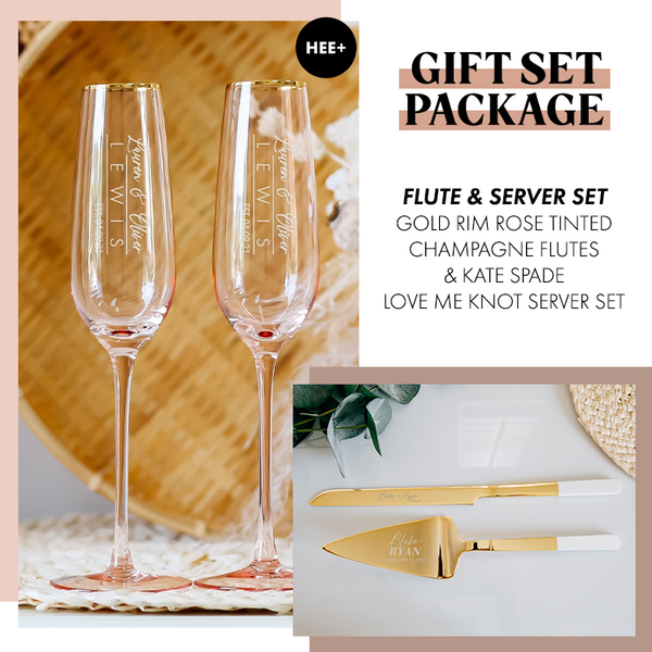 Gift Set Package: Gold Rim Rose Tinted Toasting Flutes & Kate Spade Love Me Knot Cake Server Set