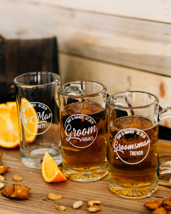 Set of 7 - Custom Engraved 12oz Beer Mug, Personalized Groomsmen Beer Glass