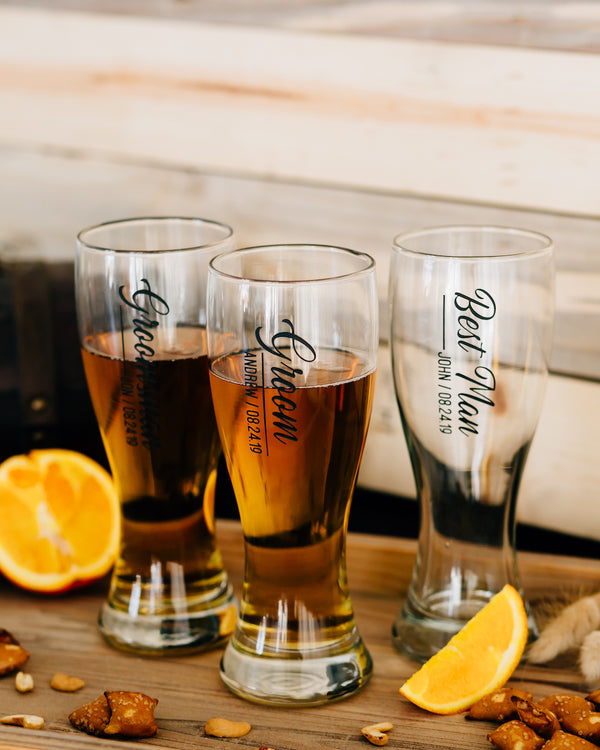 Set of 7 - Custom Engraved Hourglass Beer Pilsner, Personalized Groomsmen Beer Glasses