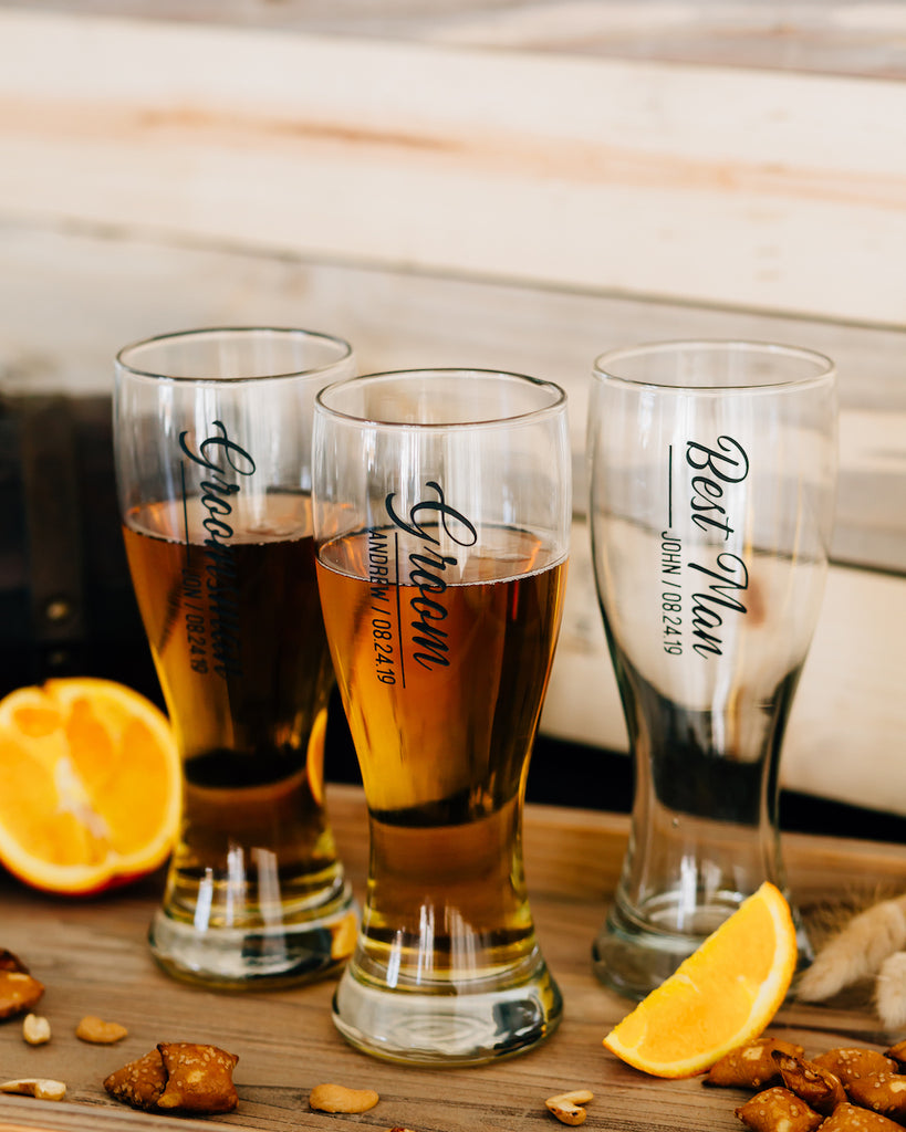 Set of 8 - Custom Engraved Hourglass Beer Pilsner, Personalized Groomsmen Beer Glasses