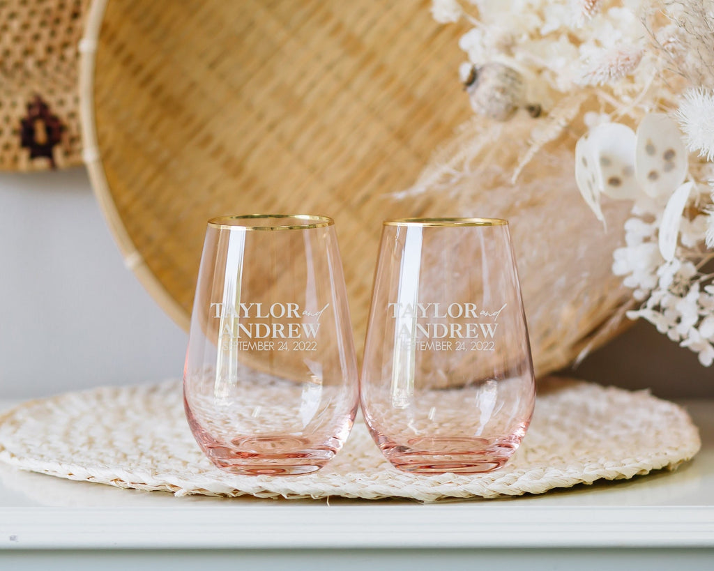 Custom Engraved Gold Rim Rose Tinted Stemless Wine Glasses, Pair