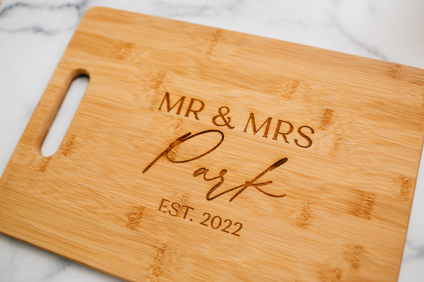 Personalized Bamboo Cutting Board, Custom Engraved Cheese Board, Newlywed Design