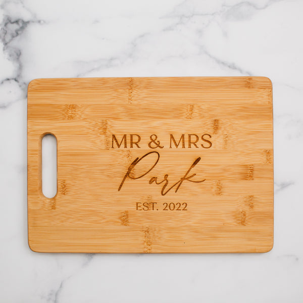 Personalized Bamboo Cutting Board, Custom Engraved Cheese Board, Newlywed Design