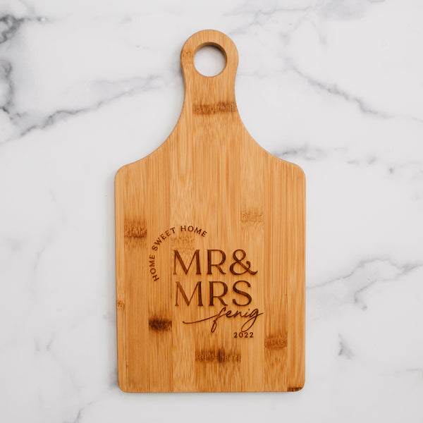 Merry & Married Custom Engraved Paddle Bamboo Cutting Board, Personalized Cheese Board