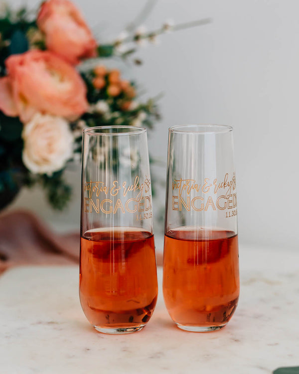 Just Engaged Custom Engraved Stemless Champagne Flute Pair
