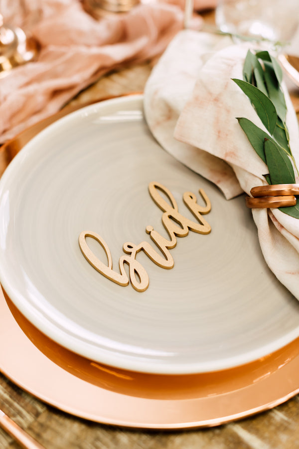 Blushing Bride & Groom Place Cards, Wood