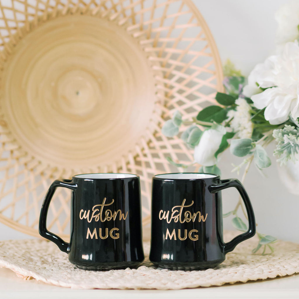 Custom Coffee Mugs, Engraved Porcelain - Black, Set of 2