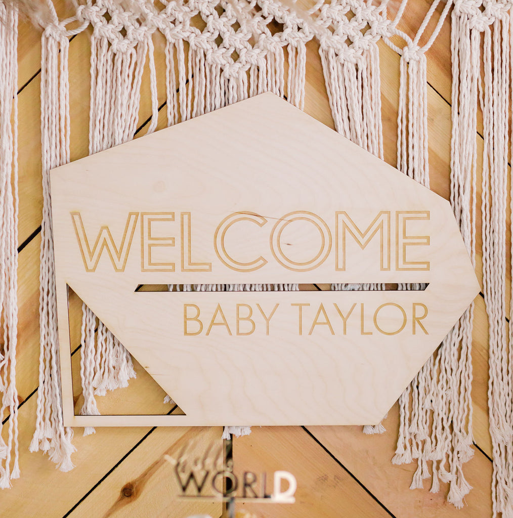 21" Custom Engraved Geometric Welcome Baby Name Sign, Wood