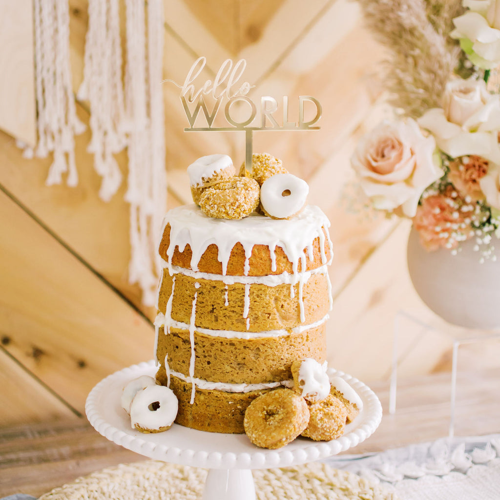 5.5" Hello World Cake Topper - Forever, Acrylic or Wood