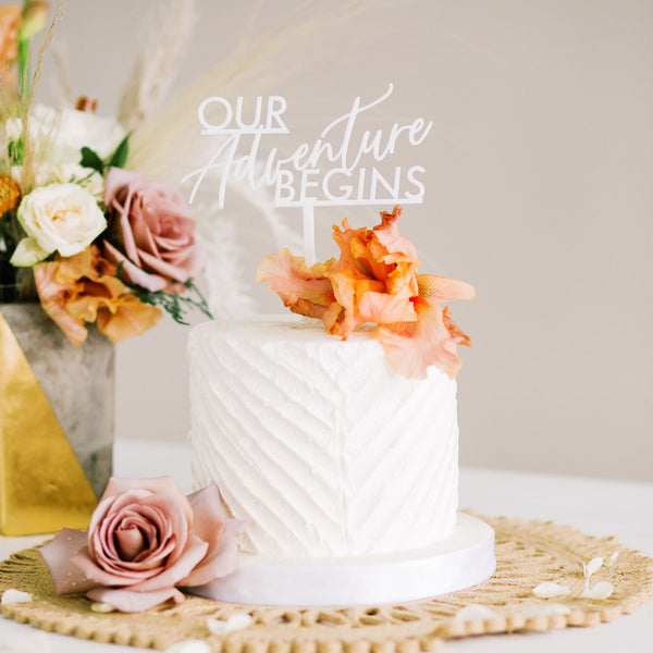 6" Our Adventure Begins Wedding Cake Topper - Dreamer, Acrylic or Wood