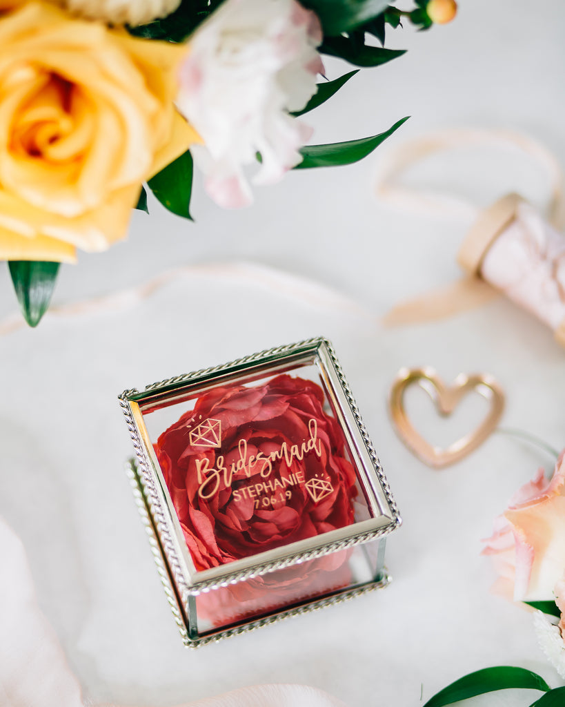 Personalized Bridesmaid Glass Jewelry Box, Custom Engraved