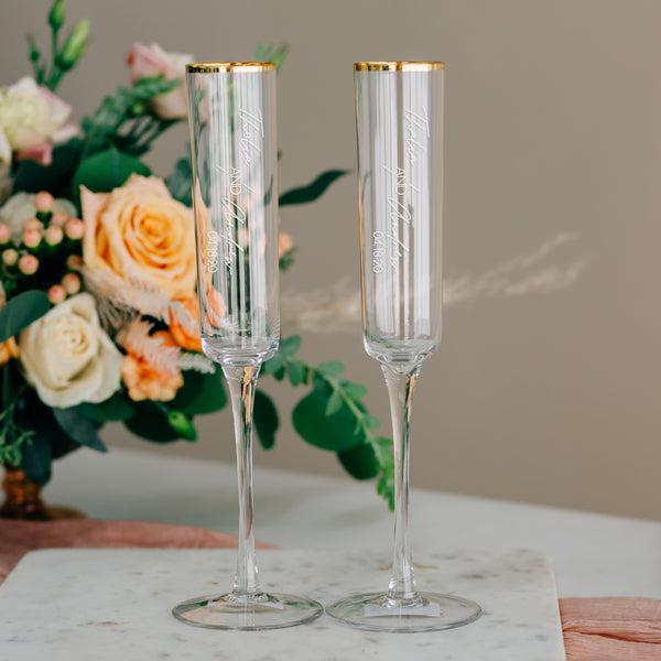 Custom Engraved Modern Gold Rim Toasting Flute Pair, Zodax Champagne Glass
