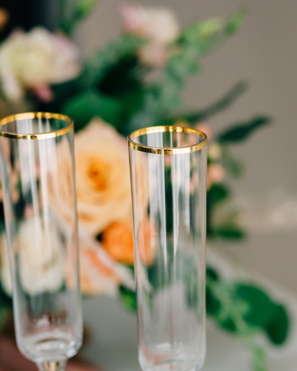 Custom Engraved Modern Gold Rim Toasting Flute Pair, Zodax Champagne Glass