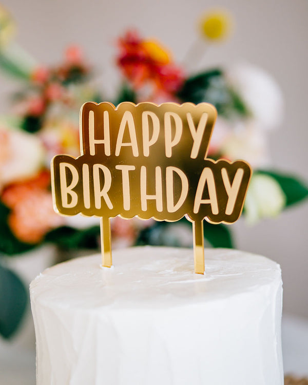 5.5" Happy Birthday Engraved Cake Topper - Peachy Style, Acrylic or Wood