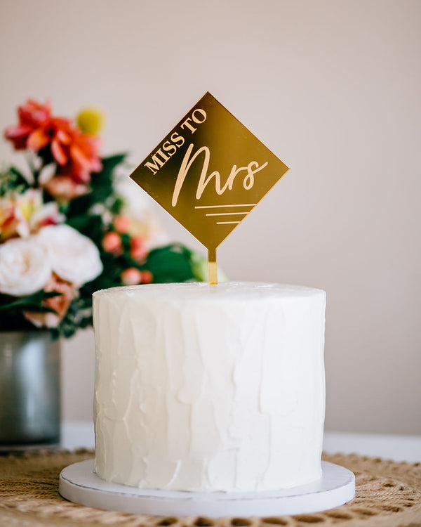 4.5" Miss to Mrs Engraved Diamond Cake Topper, Acrylic or Wood